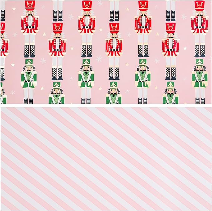 LeZakaa Christmas Pink Wrapping Paper Mini Roll for Kids, Pink Metallic Foil Gift Wrap Paper with Red & Green Nutcracker Soldier & Stripe Reversible Design, 17 inches x 32.8 Feet