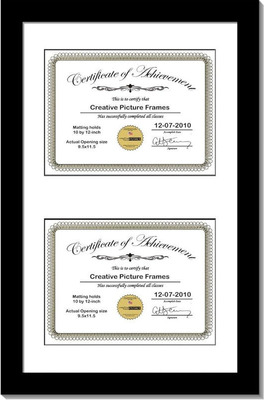 Creative Picture Frames 14X24Bk-W Black Vertical Double Diploma Frame With 2 Opening White Mat, Holds 2-10X12-Inch Documents With Wall Hanger