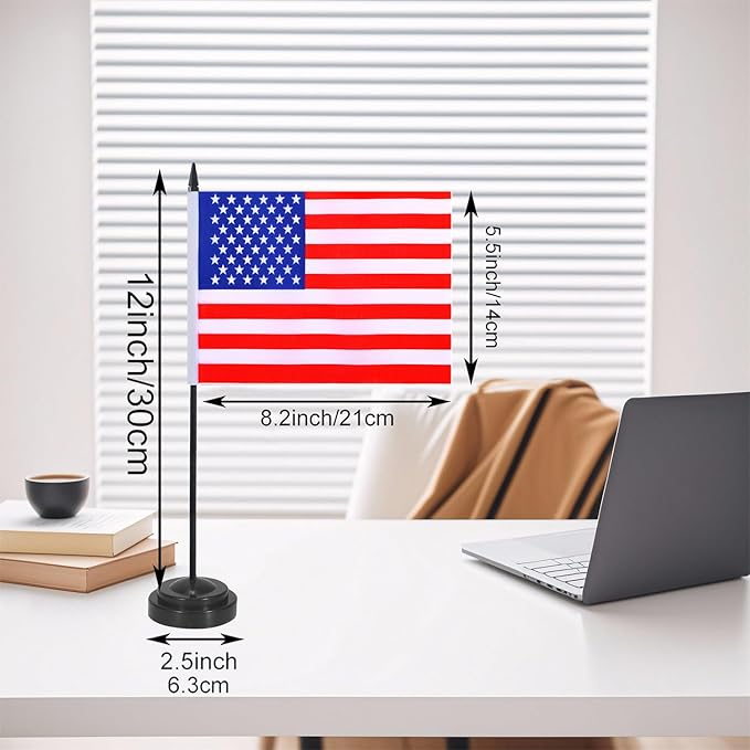 USA Desk Flag 12" Solid Pole Deluxe Set American Flags Banner Mini Small US Office Table Flags with Black Stand Base Desktop Decorations(2Pack)