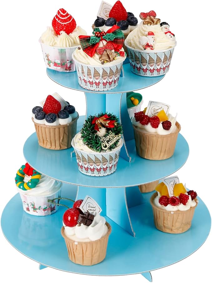 2Pcs 3-Tier Cupcake Stand, Cake Stand holder, Tiered DIY Cupcake Stand Tower for Dessert Table Displays, Birthday Theme Party Favors Decoration, Floral Tea Party, 12" W x 12.8" H, Light Blue