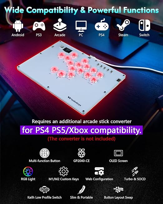 GuileKeys Leverless Controller Arcade Stick GK-16, All-Button Arcade Controller with Multi-function Button for PS4/PS3/PC/Switch, Arcade Fight Stick with RGB/Turbo/Hot-Swap/Custom Top Plate DIY White