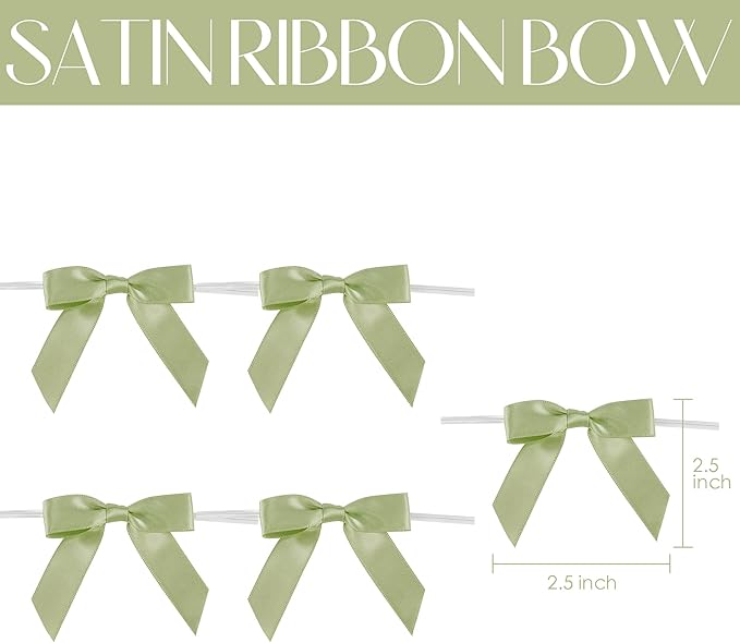 AIMUDI Sage Green Satin Ribbon Twist Tie Bows 2.5" Pretied Bows Premade Craft Bows for Treat Bags Cake Pop Gift Wrapping Basket Wedding Favors Cookie Candy Bagging Baby Shower - 50 Counts