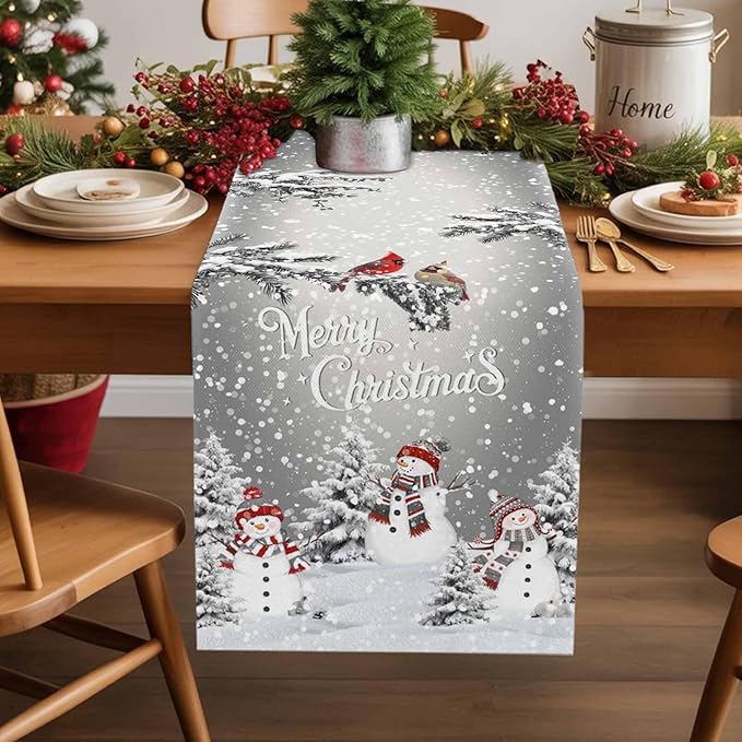 Christmas Snowman Cotton Linen Table Runner for Dining Kitchen, Snowflakes Xmas Pine Tree Wedding Outdoor Party Tablerunner Decoration Winter Bird Dresser Scarf Coffee Tablecloth Runners 13x36 Inches