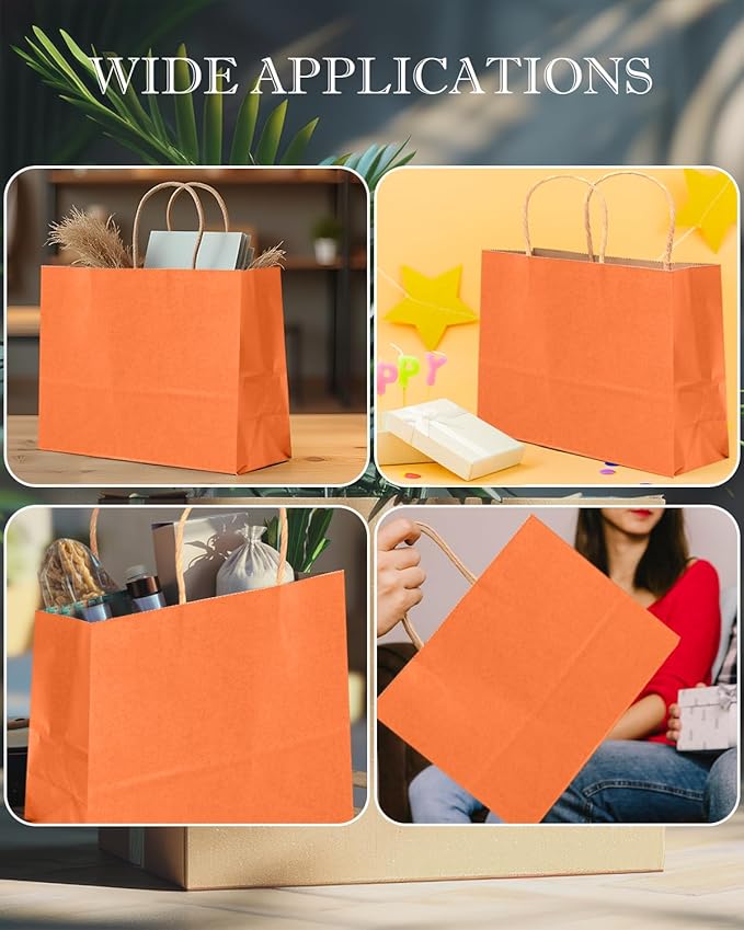 qiqee 100PCS Large Gift Bag with Handles Bulk 13"x4.5"x10" Gift Bags Kraft Orange Multiple Uses (32x11x25cm,Wide Large)