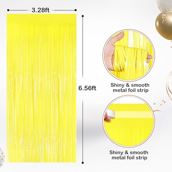 2 Pack Yellow Metallic Tinsel Foil Fringe Curtains, Door Streamers Photo Booth Backdrop for Birthday Party, Tinsel Curtain Backdrop for Baby Shower Bachelorette Christmas Party Decorations