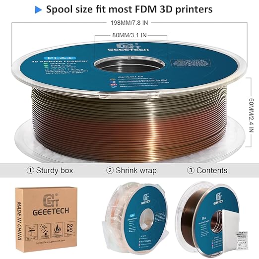 Geeetech Metal-Like Shiny Silk Bronze Rainbow 3D Printer PLA Filament, Shine Silky Metallic Printing Consumable 1.75mm, Dimensional Accuracy +/- 0.02 mm, 1kg Spool (2.2lbs), Fit Most FDM Printer