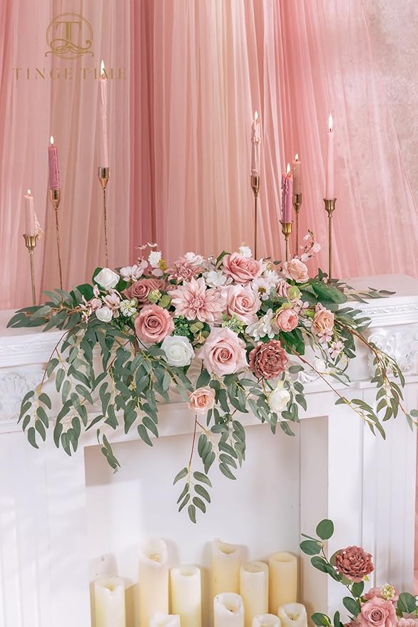 TINGE TIME Artificial Sweetheart Flower Swag with Tablecloth and Table Runner, Pack of 3 Floral Arrangement for Wedding Sweetheart Table Centerpiece Decoration Valentine's Day (DustyRose&Cream)