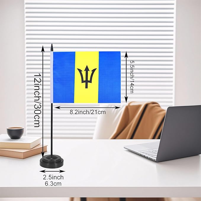 Barbados Desk Flag 12" Solid Pole Deluxe Set Barbadians Flags Banner Mini Small Barbados Office Table Flags with Black Stand Base Desktop Decorations(2Pack)