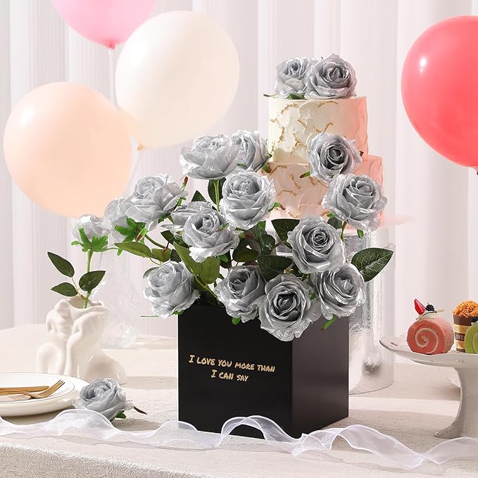 Tifuly Silver Roses Artificial Flowers -12Pcs Realistic Single Long Stem Fake Silk Roses Bouquet for Party Home Wedding Centerpiece Hotel Office Decor