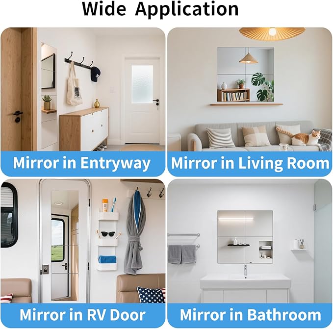 Unbreakable Acylic Small Mirror Tiles for Kids, (4-Pcs 12x12 Inch) Plastic Mirrors for Wall, Stick on Mirrors for Wall Decor, Shatterproof Mirror for Kids Bedroom