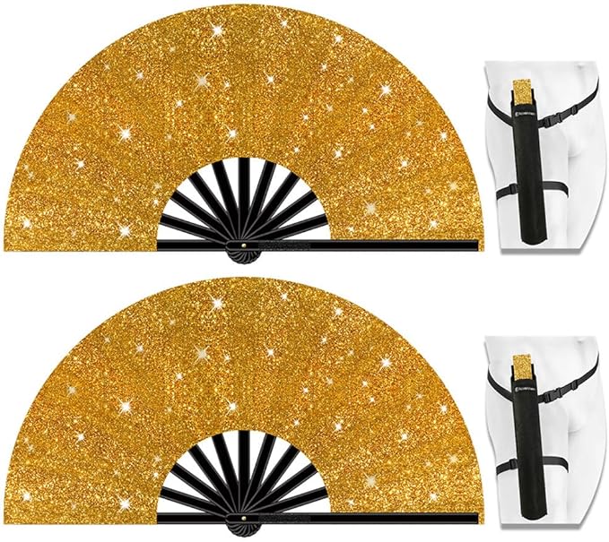 13" Large Folding Rave Fan with Holster, Clack Hand Fans Foldable for Line Dancing, Boots On The Ground Fan for Women Men Festival EDM Party Decoration, Glitter Glod 2 Pack