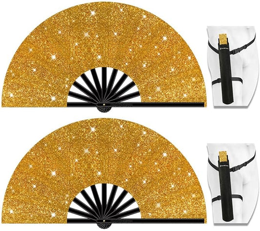 13" Large Folding Rave Fan with Holster, Clack Hand Fans Foldable for Line Dancing, Boots On The Ground Fan for Women Men Festival EDM Party Decoration, Glitter Glod 2 Pack