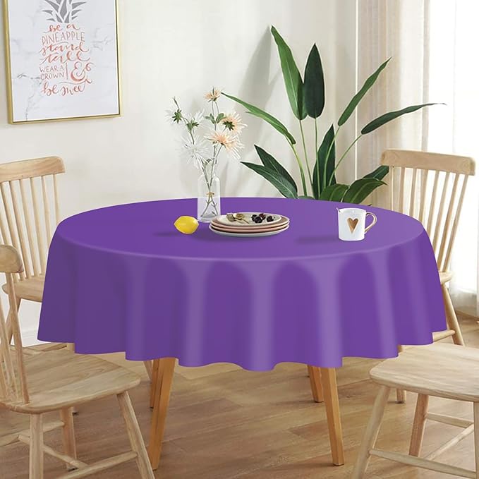 QIKSION Purple Round Tablecloth 3 Pack, 84 Inch Plastic Table Cover Disposable for Parties