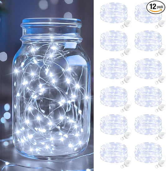 btfarm 12 Pack Fairy Lights Battery Operated, 7FT 20 LED Mini String Lights Waterproof Silver Wire for Mason Jars Centerpiece Table Crafts Bedroom Christmas Decoration, Cool White