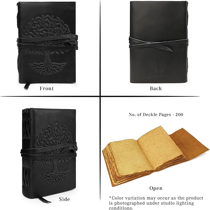 LUXEORIA Tree Of Life Leather Journal for Women and Men, Handcrafted Leather Journal for Writing Womens, Sketchbook, Travel Diary with Unlined Deckle Paper, Black 5x7