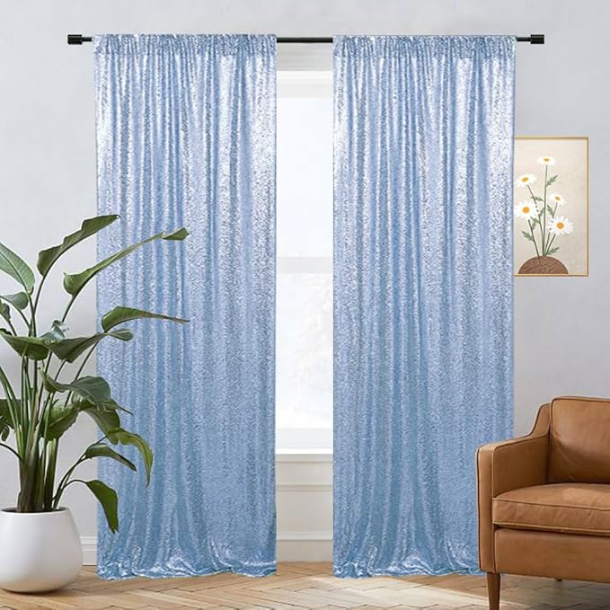 Eternal Beauty Baby Blue Sequin Backdrop Curtains, Shimmer Back Drop 2Panels-2FTx8FT for Christmas, Party, Birthday, Photography, Wedding, Baby Shower Event Decoration