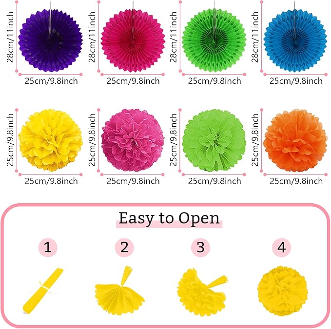 Fiesta Party Decorations, Multicolored Paper Pompoms Fan Garlands for Mexican Party Cinco De Mayo Luau Event Birthday Holi Decorations Colorful Rainbow Party Supplies