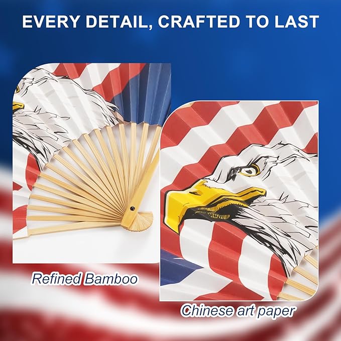Bamboo & Paper Folding Hand Fan – Chinese Craft with Patriotic Bald Eagle American Art Design, Decorative Handheld Fan with Elegant Gift Box for Wedding, Party, Travel & Home Décor