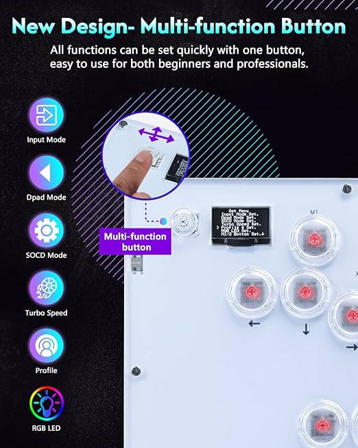 GuileKeys Leverless Controller Arcade Stick GK-16, All-Button Arcade Controller with Multi-function Button for PS4/PS3/PC/Switch, Arcade Fight Stick with RGB/Turbo/Hot-Swap/Custom Top Plate DIY White