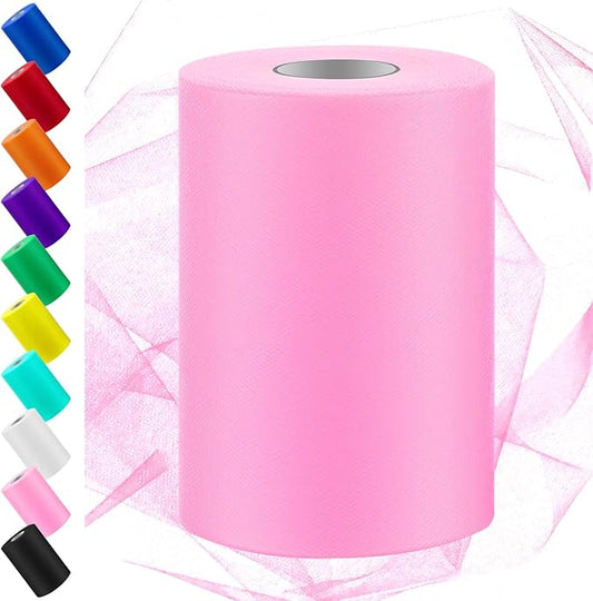 Swpeet 6 Inch by 100 Yards Pink Tulle Fabric Roll, Fabric Spool Tulle Ribbon, Netting Polyester Spool Ideal for DIY Handmade Birthday Party Wedding Decorations Christmas Craft Supplies