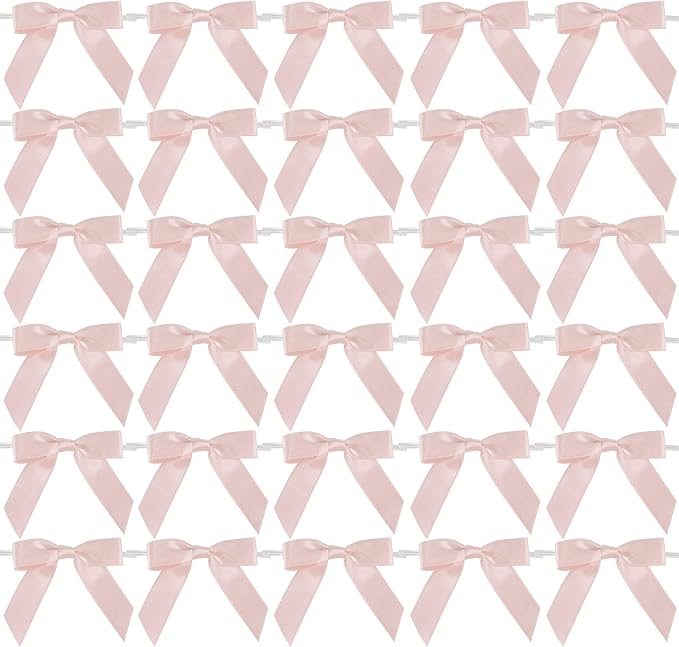 AIMUDI Small Rose Gold Bows 2.5" Pretied Satin Bows for Crafts Twist Tie Bows for Treat Bags Premade Mini Bows for Wedding Bridal Shower Bithday Baby Shower Decor - 50 Counts