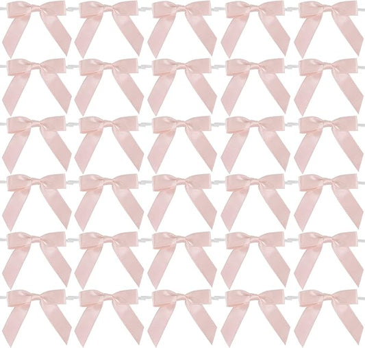 AIMUDI Small Rose Gold Bows 2.5" Pretied Satin Bows for Crafts Twist Tie Bows for Treat Bags Premade Mini Bows for Wedding Bridal Shower Bithday Baby Shower Decor - 50 Counts
