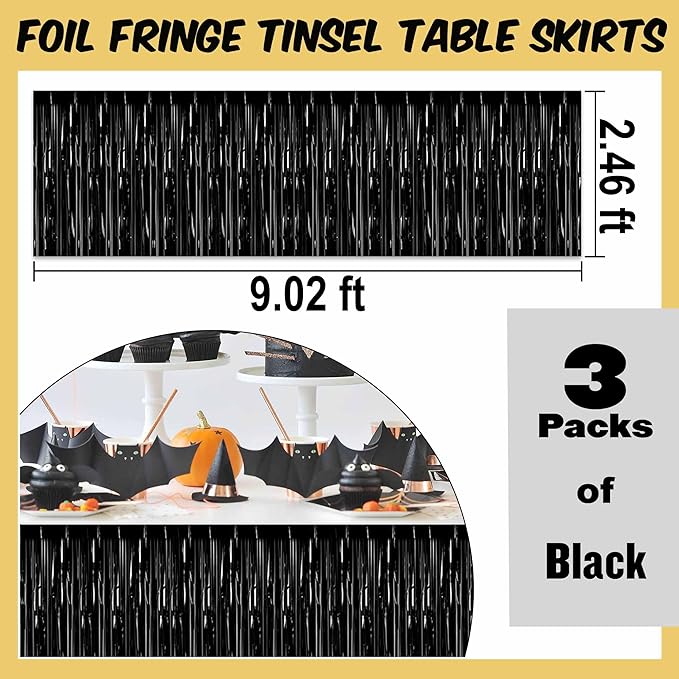 3 Pack 29 x108 Inch Black Foil Fringe Table Skirts Metallic Banner for Tinsel Streamer Garland Backdrop for Parade Floats Mother's Day, Graduate, Birthday, Wedding Party Decoration