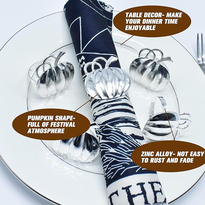 Halatool Pumpkin Napkin Rings Set of 12, Alloy Fall Napkin Rings Thanksgiving Halloween Dinner Tables Holders for Thanksgiving Weddings Holidays Gathering Dinner Party (Silver)