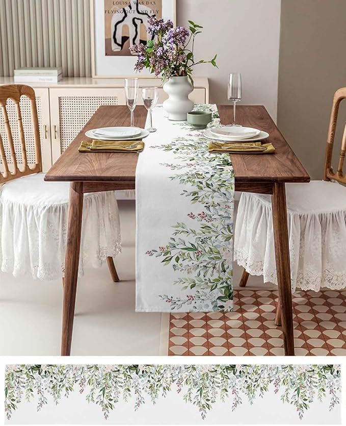 Botanical Eucalyptus Cotton Linen Table Runner for Dining Kitchen, Wedding Outdoor Party Tablerunners Decoration, Sage Green Leaves Elegant Floral Dresser Scarf Coffee Tablecloth Runners 13x72 Inches