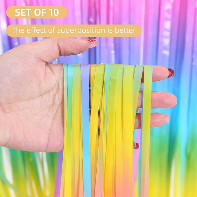 10 Pack Easter Foil Fringe Curtains 3.2ft x 8.2ft Rainbow Backdrop Curtains Photo Booth Background for Birthday Party Decoration Easter Decoration (Colorful)