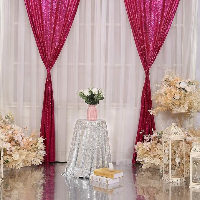 Poise3EHome Hot Pink Sequin Backdrop Curtains, 4 PCS 3FT x 8FT Sequin Panels for Backdrop,Sequence Wedding Party Background Drapes