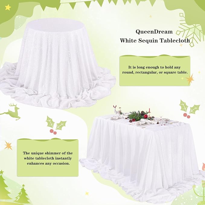 QueenDream White Wedding Tablecloth 90x90 Inch Sequin Fabric Table Cloths Rectangle Sparkle Anniversary Banquet Halls Christmas Decorations