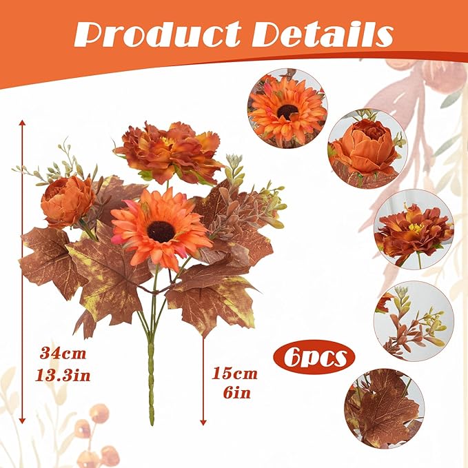 6 Pcs Fall Flowers Artificial for Decoration Silk Burnt Orange Flowers Fall Artificial Sunflowers Bouquet with Fall Leaves Stems 13 Inch Mixed Bush for Outdoor Decoration Cemetery Grave Autumn