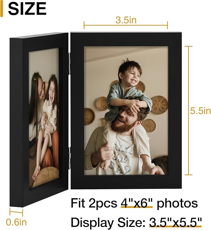 decorUhome Double 4x6 Picture Frame Vertical, Engineered Wood Bifold Photo Frame with Plexiglass for Tabletop Display, 4x6, Black