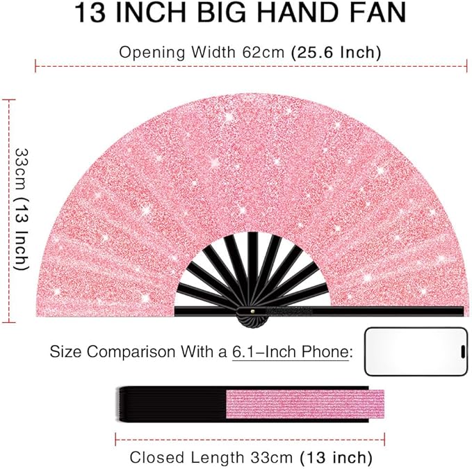 13" Large Folding Rave Fan with Holster, Clack Hand Fans Foldable for Line Dancing, Boots On The Ground Fan for Women Men Festival EDM Party Decoration, Glitter Pink