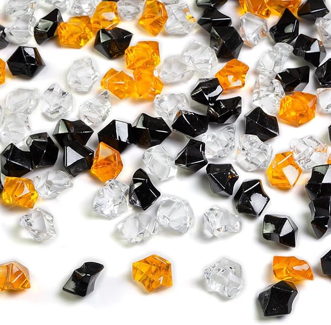 HappyFiller Halloween Decoration Acrylic Gems Fake Crystal Cubes Jewels Rocks for Vase Fillers, Centerpieces,Party Decor Ice Stones Table Scatter,Orange,Black and White,14 OZ