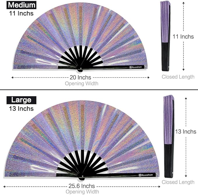 Large Rave Fan, Clack Folding Hand Fan with Premium Fabric, Thick Bamboo Frame for Men Women Gift for EDM, Festival, Club, Party, Dance, Decoration (Lridescent Purple, 13")