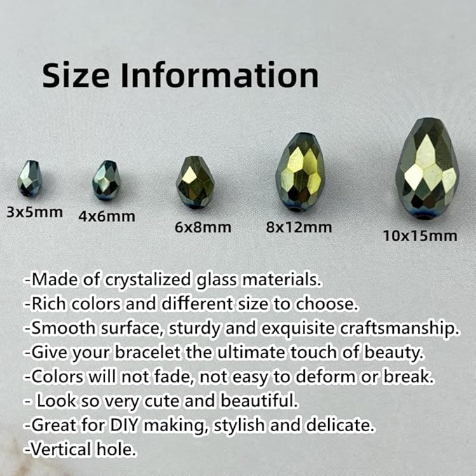200pcs 3x5mm Teardrop Crystal Glass Beads for Jewelry Making, Faceted Vertical Hole Teardrop Glass Spacer Beads for Wind Chimes Bracelet Earring Necklace DIY Craft(Green Light)