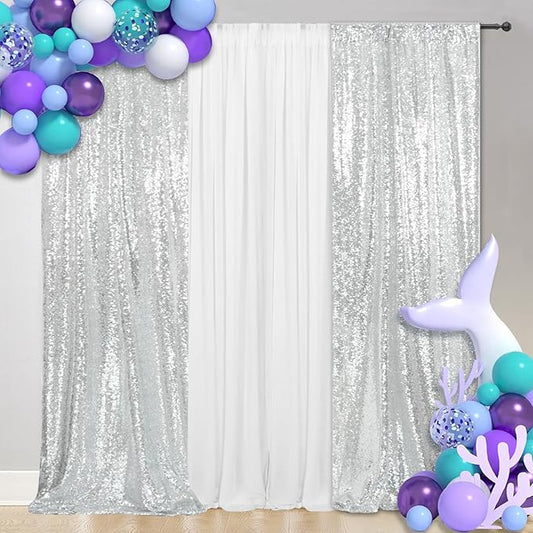 SquarePie Sequin Curtain 2FT x 8FT Silver 2pcs Backdrop Background for Wedding Party Christmas