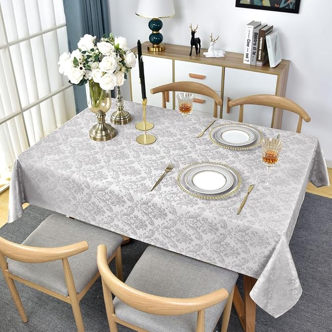 SASTYBALE Rectangle Tablecloth - 60 x 84 Inch Gray Damask Table Cloth Jacquard Design Spill Proof Wrinkle Resistant Water Resistant Soft Polyester Oblong Table Cover for Kitchen Parties Tabletop
