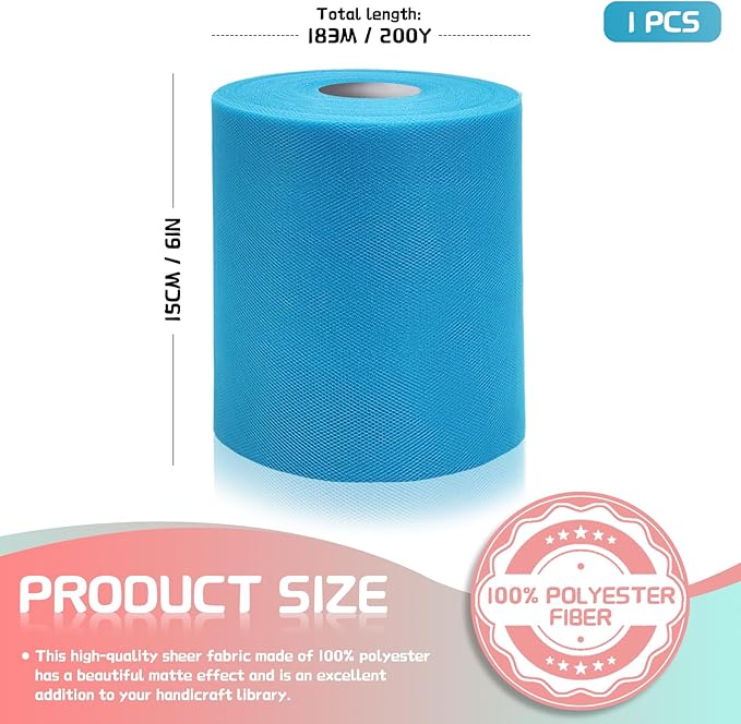 6" x 200 Yards Turquoise Tulle Fabric Rolls, Teal Spool Tulle Ribbon for DIY Tutu Skirt Wedding Decoration Baby Shower Birthday Party Backdrop Gift Wrapping Bow Craft Supplies