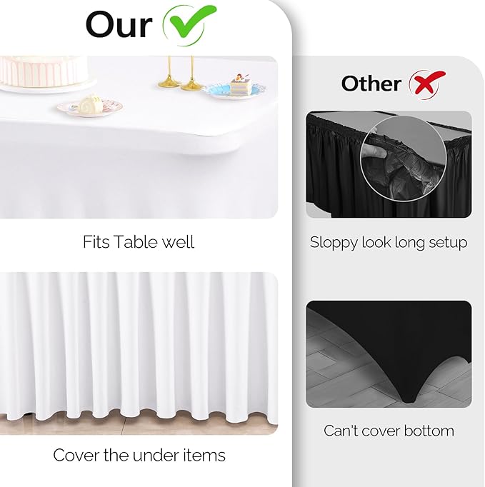 Wish Care 6 Pack White Spandex Table Clothes for 4 Foot Rectangle Tables, 4FT Wrinkle Free Fitted Tablecloths Ruffles Design Table Cover for Party, Banquet, Wedding and Events