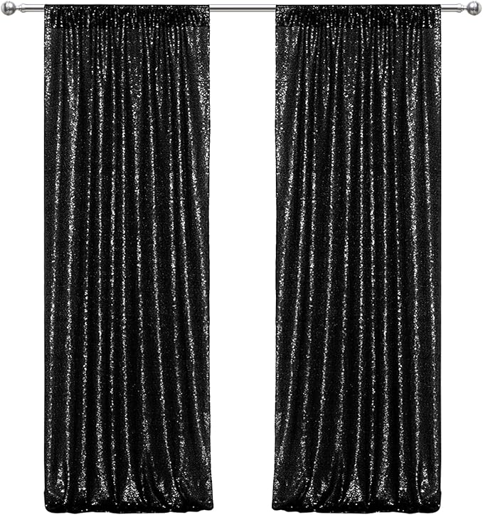 Juya Delight 2Pcs 2ftx8ft Black Shimmer Sequin Backdrop Curtains - Black Glitter Photo Backdrop for Wedding Birthday Parties Wall Decoration