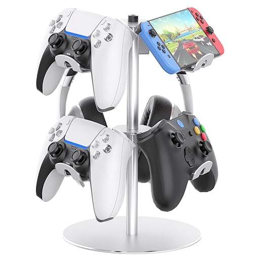 DGPCT Controller Stand Compatible with Xbox PS5 PS4 Nintendo Switch Pro, 2 Tiers Aluminum Headset Holder, Gaming Headphone and Controller Holder Organizer Rack, Universal & Stable (Silver)