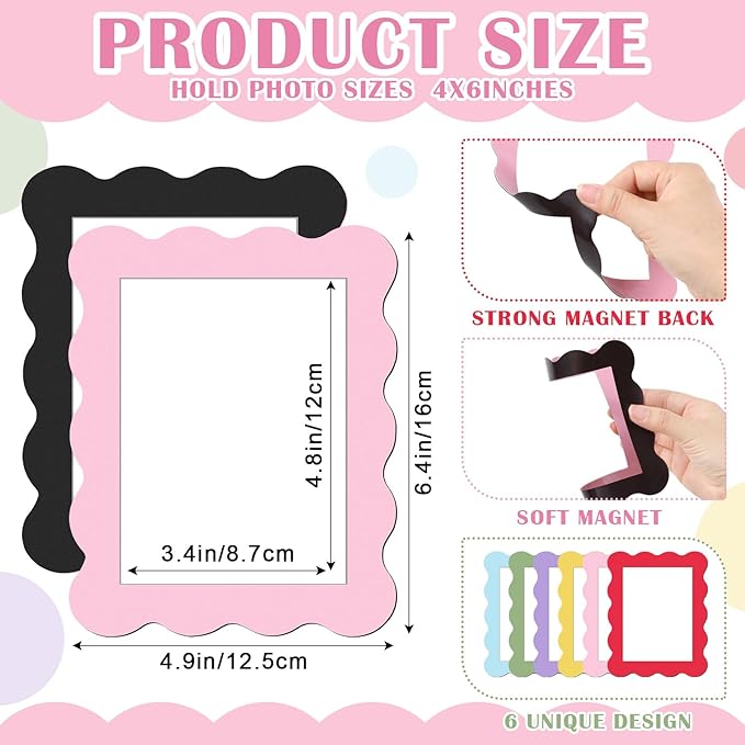 Kingdder 12 Pcs Scalloped Magnetic Picture Frame for Refrigerator 4 x 6 Pastel Reusable Picture Frame Magnets Decorative Photo Holders for Fridge Home School Office Kitchen Locker Decor