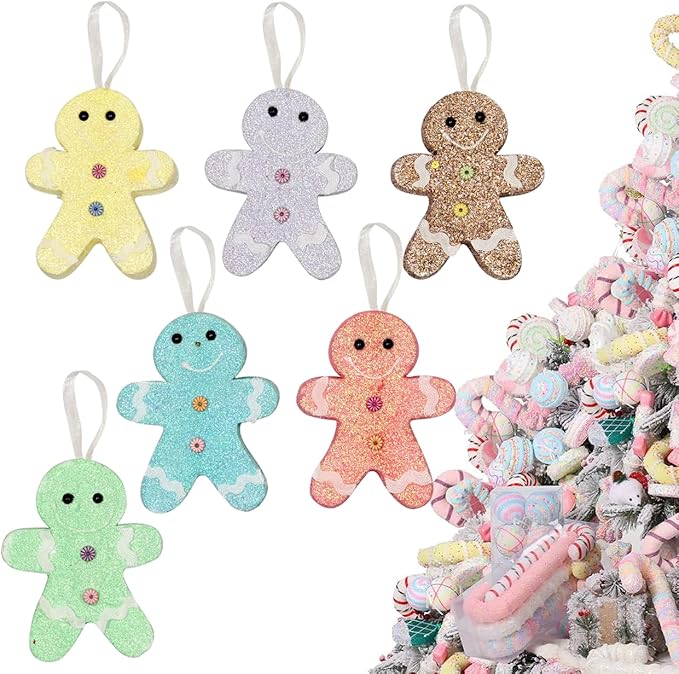 LANGXUN 6pcs Gingerbread Man Candy Land 2025 Xmas Party Suppiles Decoration, Hanging Candy Cane Christmas Tree Décor, Christmas Decorative Hanging Ornaments Crafts