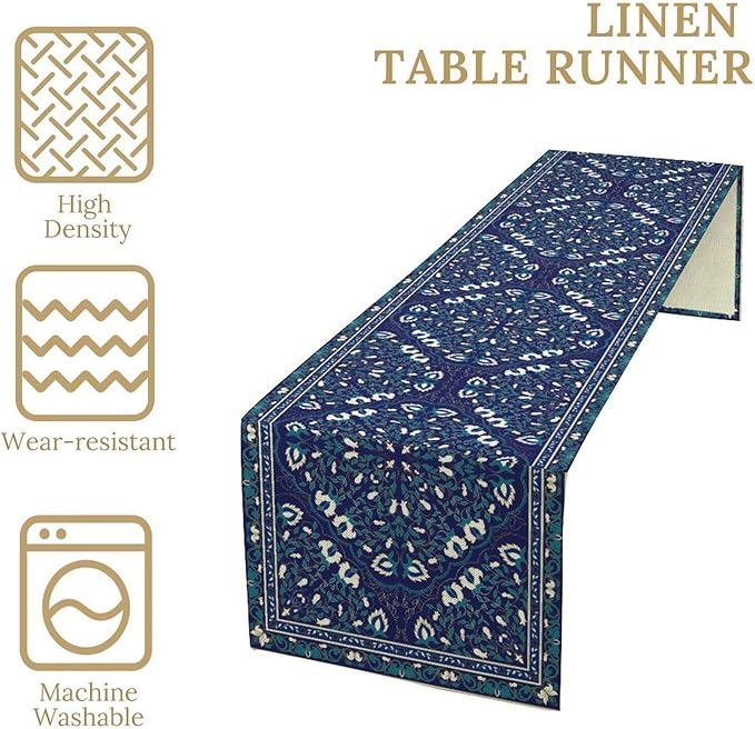Boho Floral Vintage Table Runner, Retro Morris Abstract Blue Flower Rustic Country Farmhouse Pattern for Home Kitchen Table Decor Dining Coffee Room Wedding Party Decor 13x60in