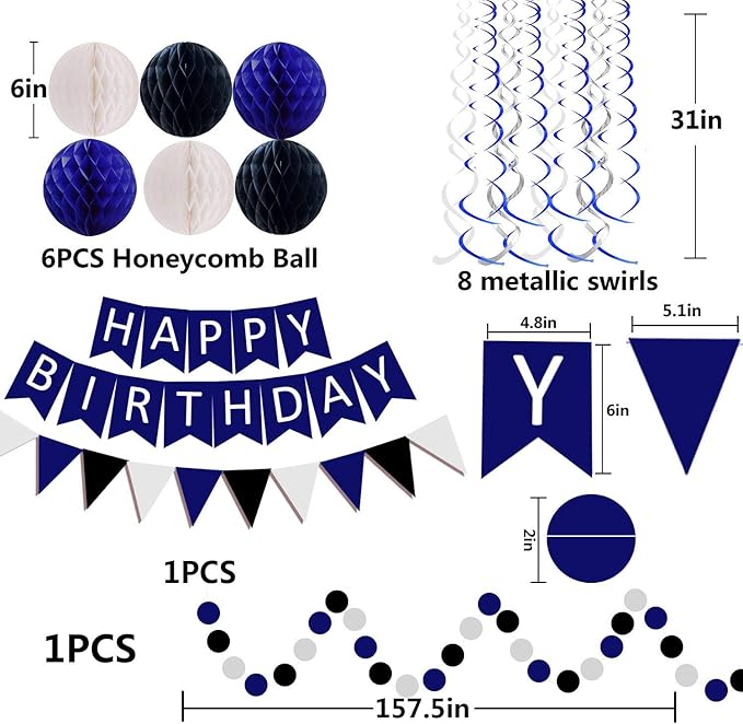 FECEDY Navy Blue White Black Happy Birthday Banner&Cute Flag Bunting Paper Circle Confetti Garland Swirl Streamers Honeycomb Ball for Birthday Party Decorations