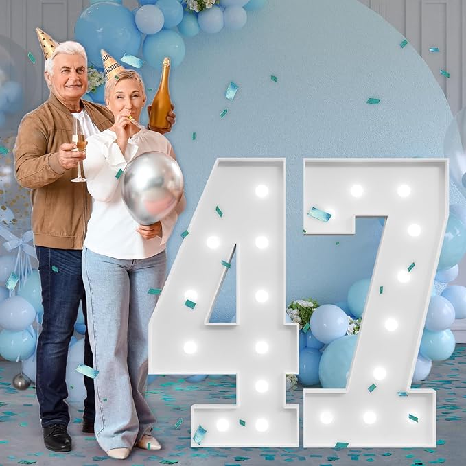 imprsv Marquee Numbers Large 47th-Birthday Decorations: 4ft Light Up Number Party Decor 47 Year Old 74th Birthday Decoration Backdrop 74 Anniversary Cardboard Big Mosaic Balloon Frame Number 47