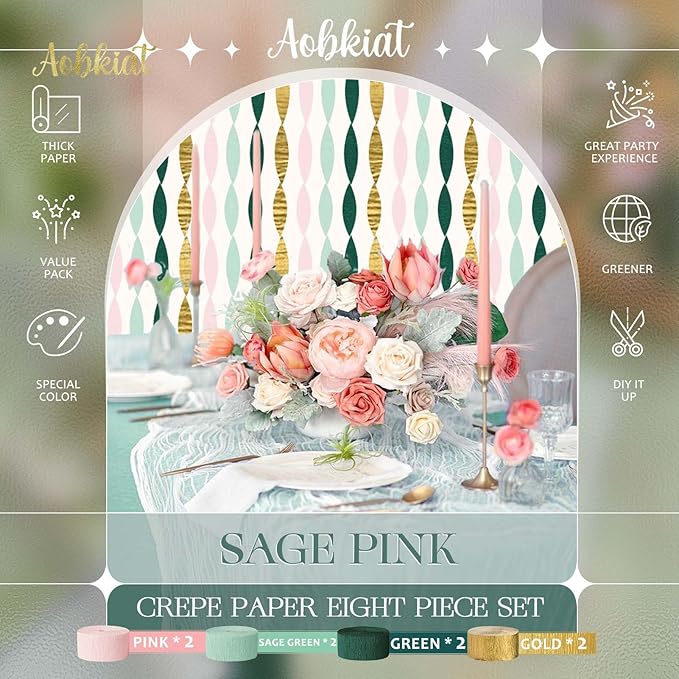 AOBKIAT Wedding Decor Sage Pink Gold Crepe Paper 8 pcs Streamers Party Decorations for Wedding,Rustic Bachelorette,Birthday,Bridal/Baby Shower,Anniversary Party Backdrop Decoration